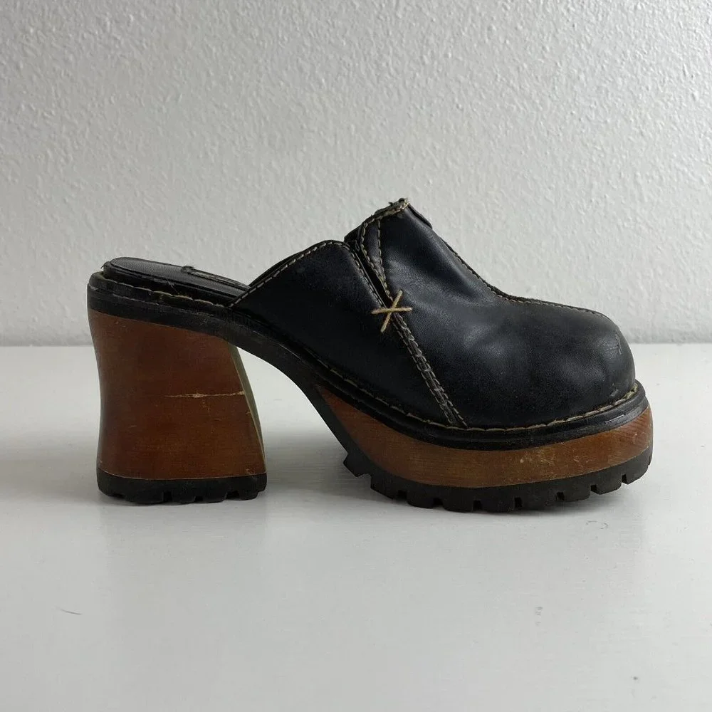 90s Y2K Vintage Soda Black Faux Leather Wooden Block Heel Platform Clogs Women 7 - Picture 1 of 12